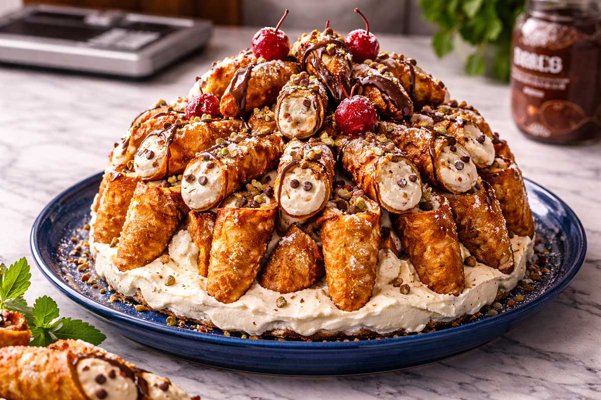 Bolo de Cannoli monumental montado sobre base de sorvete de creme, cercado por conchas de massa frita dourada e crocante. O bolo está em um prato de cerâmica azul cobalto sobre uma bancada de mármore branco de uma cozinha profissional. Ao fundo, uma balança digital, um pote de cacau Nestlé aberto e ramos de hortelã fresca.
