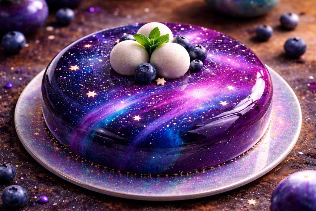 Bolo redondo com cobertura espelhada ultra brilhante em tons de azul, violeta e rosa, simulando uma galáxia, com respingos brancos de estrelas.