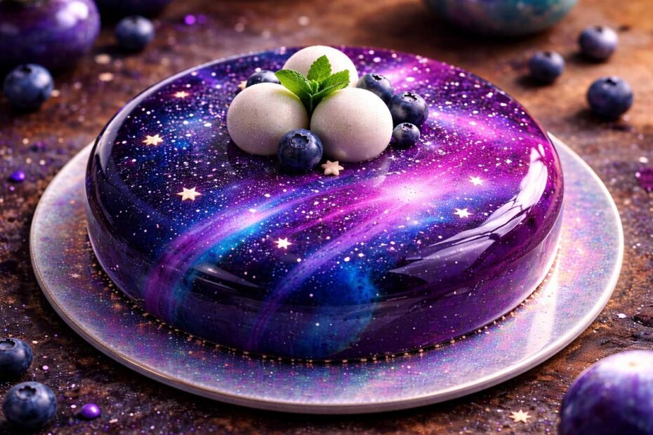 Bolo redondo com cobertura espelhada ultra brilhante em tons de azul, violeta e rosa, simulando uma galáxia, com respingos brancos de estrelas.