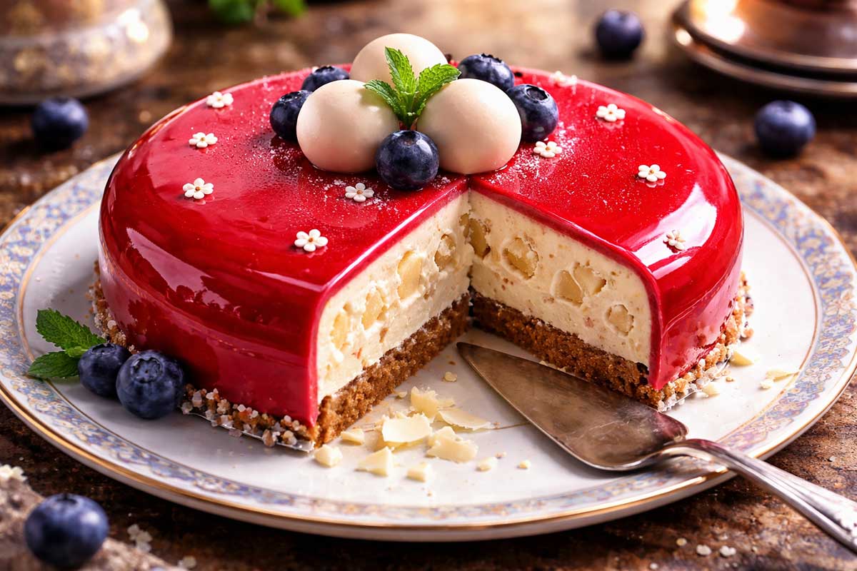 Bolo Espelho Vermelho com Mousse de Chocolate Branco