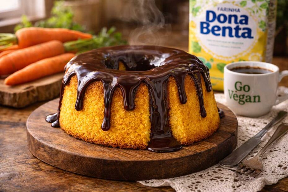 Um Bolo de Cenoura Vegano vulcão com cobertura de chocolate intensa escorrendo pelo centro e laterais. O bolo está em uma tábua de madeira rústica, cercado por cenouras frescas com ramos e um pacote de Farinha Dona Benta. Ao lado, uma xícara de porcelana branca com café fumegante onde se lê "Go Vegan", sobre uma toalha de renda branca. Luz natural de janela cria um clima aconchegante de café da manhã.