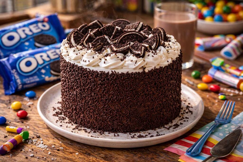 Bolo de aniversário de chocolate alto, com cobertura de chantilly branco e pedaços de biscoito Oreo por cima, decorado com granulado escuro nas laterais. Mesa decorada com pacotes de biscoito Oreo.