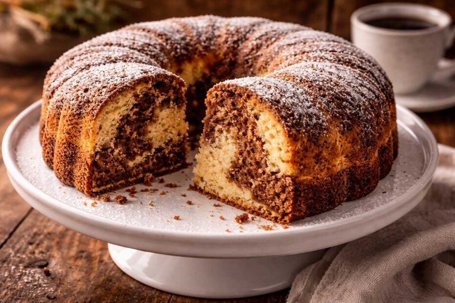 Visão superior de um Bolo Mesclado Simples fofinho, com contraste entre massa clara e chocolate, servido em uma boleira branca com café ao lado.