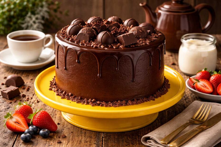 Bolo de chocolate inteiro e redondo com diametro de 20 cm e altura de 10 cm estilo Tall Cake centralizado em uma bailarina de confeitaria amarela vibrante que possui exatamente o mesmo diametro do bolo criando uma continuidade vertical perfeita. O bolo esta recoberto por uma ganache escura com brilho espelhado e decorado com bombons de chocolate meio amargo. A mesa de madeira rustica de fazenda esta composta por uma xicara de cafe em porcelana branca fumegante, um bule de ceramica marrom, fatias de morangos frescos e um pote de iogurte natural cremoso ao lado. O contraste entre o marrom profundo do chocolate e o amarelo da bailarina e intenso. Rendimento de 15 a 20 fatias generosas.