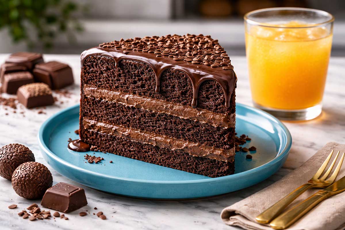 Fatia generosa de bolo de chocolate fofinho em um prato de porcelana azul turquesa sobre uma mesa moderna de marmore branco em cozinha profissional. A fatia revela o miolo escuro e aerado com uma camada espessa de cobertura brilhante escorrendo pelas laterais. Ao lado ha um copo de suco de laranja natural com gotas de condensação, alguns docinhos de brigadeiro gourmet e pedacos de barra de chocolate Callebaut espalhados. A iluminacao lateral destaca a massa acetinada e a cremosidade da ganache.