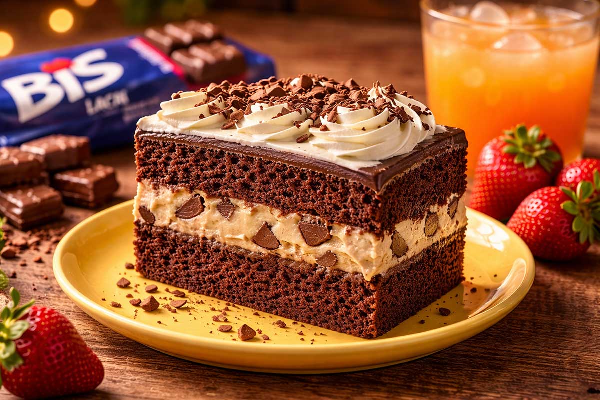 Close de uma fatia generosa de bolo de aniversario de chocolate em um prato de porcelana amarelo sobre mesa rustica de madeira. A fatia revela camadas de pão de ló molhadinho e recheio de creme bombom com pedaços de chocolate Callebaut. Ao lado esta uma embalagem aberta de BIS Lacta com os chocolates empilhados, morangos in natura com folhas verdes vibrantes e um copo de suco de tangerina com gelo.