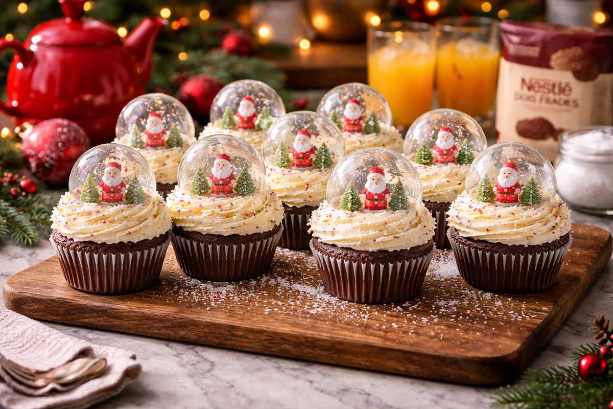 Cupcakes globo de neve de chocolate idênticos dispostos em uma tábua de madeira rústica, cada um coberto com buttercream de coco branco e uma bolha de gelatina transparente com brilho vítreo, revelando miniaturas de Papai Noel. Ao fundo, um cenário de Natal aconchegante com um bule de chá vermelho fumegante, dois copos de suco de laranja natural com gotas de condensação, um pote de açúcar e uma embalagem aberta de Chocolate em Pó Nestlé Dois Frades sobre bancada de mármore.