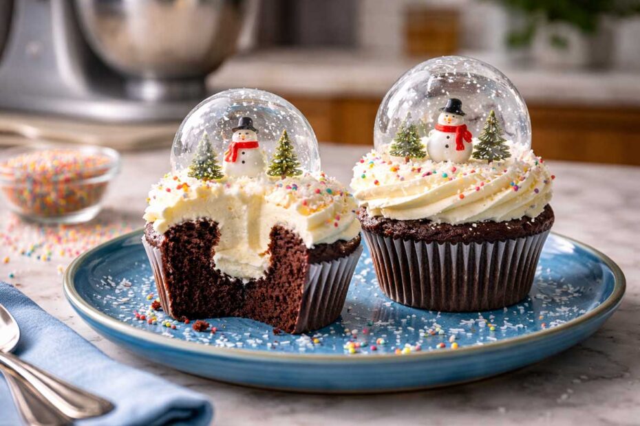 Close-up macro de um cupcake globo de neve de chocolate com uma mordida revelando a massa acetinada escura e úmida e o recheio de buttercream de baunilha. O cupcake está em um prato de cerâmica azul vibrante com respingos de granulados coloridos, com uma batedeira planetária profissional KitchenAid desfocada ao fundo na bancada de mármore branco.