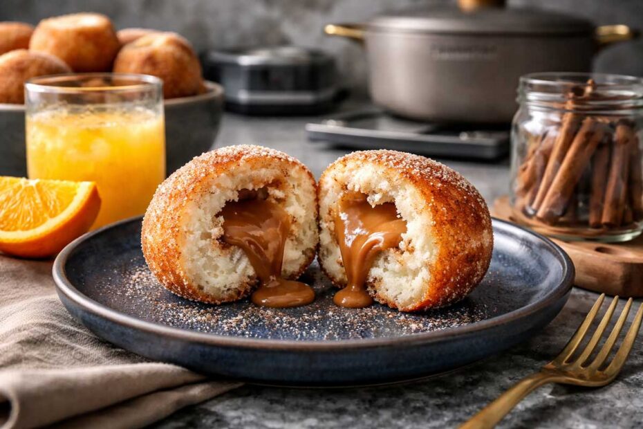 Detalhe em close de um bolinho de chuva partido ao meio em um prato de cerâmica azul escuro, revelando o recheio de doce de leite derretido e cremoso em contraste com a massa branca e fofinha. O cenário é uma cozinha moderna com bancada de mármore cinza, onde se vê ao fundo uma panela Tramontina Lyon e uma balança digital de precisão. Copos de vidro com suco de laranja natural exibem gotas de condensação, acompanhados por fatias de laranja fresca e um pote de vidro com canela em pau.