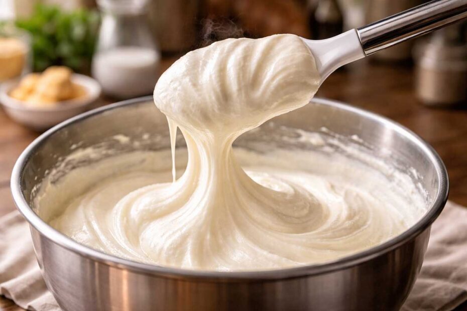 Close-up de uma espátula levantando um recheio de leite ninho branco, brilhante e aerado de dentro de um bowl de batedeira, com luz natural destacando a textura acetinada.