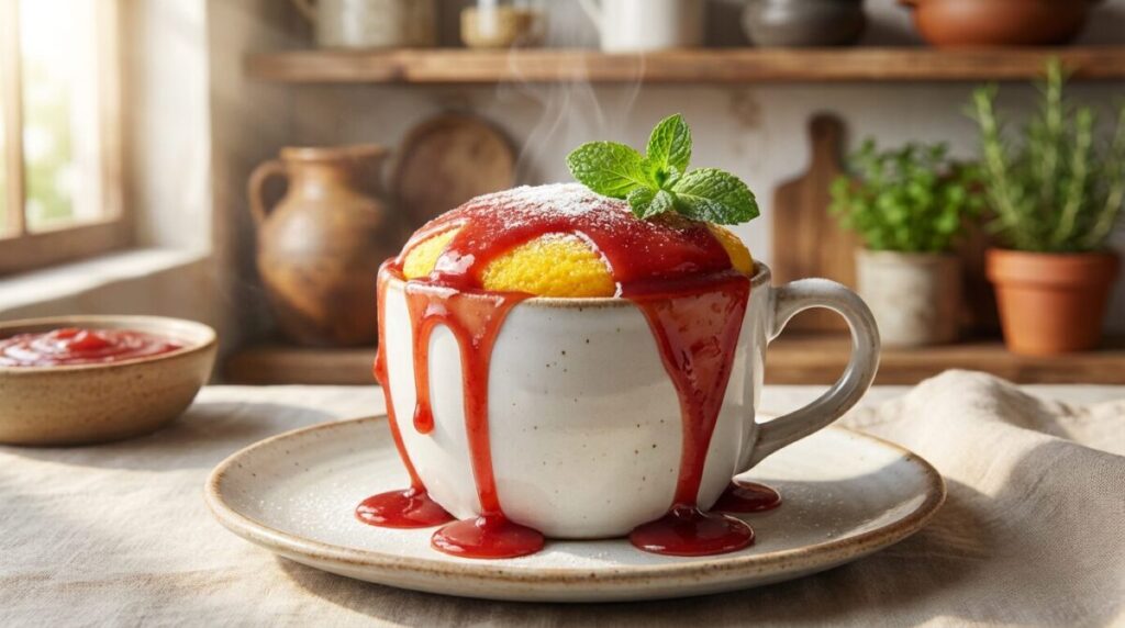 Close-up de um bolo de fubá amarelo vibrante dentro de uma caneca de cerâmica branca, coberto com calda de goiabada vermelha brilhante escorrendo, luz natural lateral.
