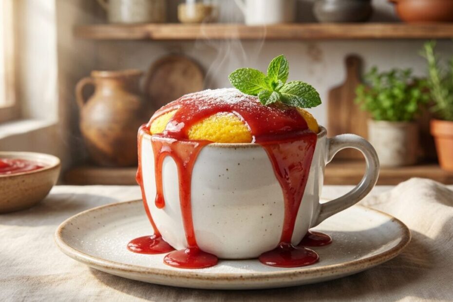 Close-up de um bolo de fubá amarelo vibrante dentro de uma caneca de cerâmica branca, coberto com calda de goiabada vermelha brilhante escorrendo, luz natural lateral.