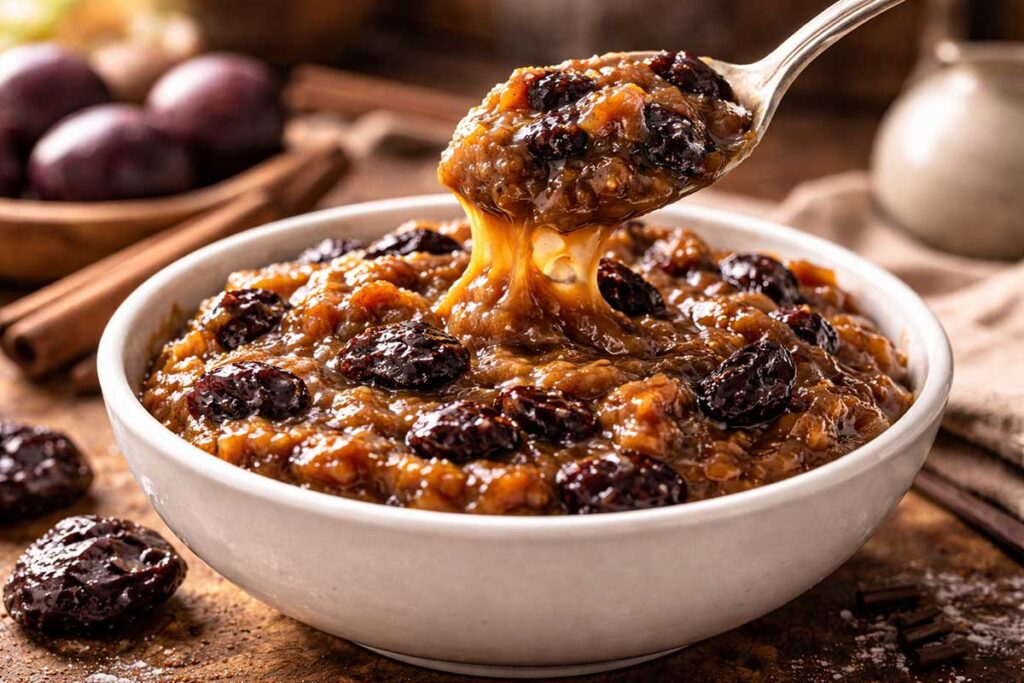 Tigela de cerâmica branca com recheio de ameixa para bolo, mostrando a textura cremosa do doce de leite com pedaços suculentos de ameixa hidratada.