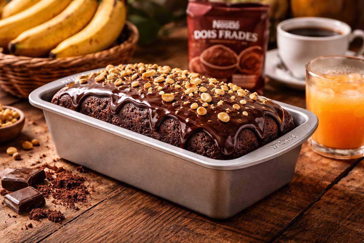Bolo de chocolate com banana sem gluten inteiro em uma forma de aluminio Wilton sobre mesa de madeira rustica de fazenda. Ao fundo, um cesto com bananas nanicas bem maduras, um pacote de cacau em po Nestle Dois Frades aberto e uma xicara de cafe fumegante em porcelana branca. Gotas de condensacao em um copo de suco de laranja natural trazem frescor a cena colorida.