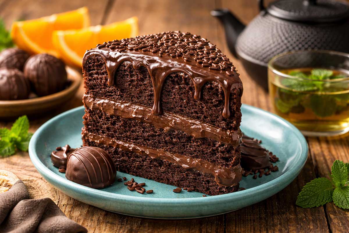 Uma fatia generosa de bolo de chocolate de micro-ondas servida em um prato de ceramica azul turquesa sobre uma mesa rustica de madeira de fazenda. A fatia revela um miolo aerado e acetinado com uma camada espessa de cobertura de brigadeiro mole escorrendo. Ao redor estao dispostos bombons trufados, fatias de laranja bahia fresca, um bule de cha de ferro preto e uma xicara de cha de hortela. A iluminacao natural destaca a umidade residual da massa fofinha e o contraste entre o tom terroso da madeira e o azul do prato ativa as glandulas salivares.