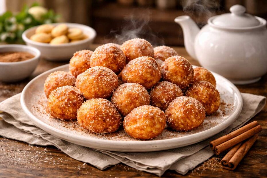 Prato chique cheio de bolinhos de chuva fofinho dourados, polvilhados com açúcar e canela, ao lado de um bule de café fumegante em uma mesa decorada com biscoitos e guardanapos
