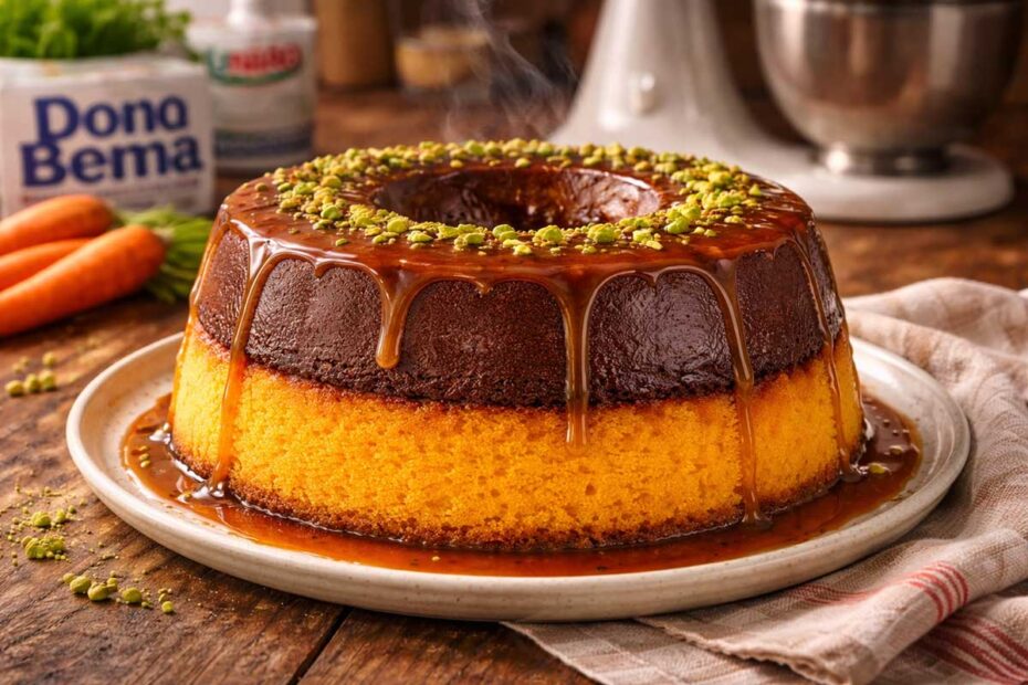 Bolo Pudim de Cenoura com Chocolate em uma forma de furo central. Após desenformado, o bolo apresenta duas camadas distintas e inversas: na base, uma massa fofinha e vibrante de cenoura (bolo de cenoura); e no topo, uma camada densa, escura e cremosa de pudim de chocolate. Uma calda brilhante de caramelo artesanal escorre discretamente pelo pudim de chocolate e pela lateral do bolo de cenoura, banhando a sobremesa rústica sobre um balcão de madeira rústica, com uma batedeira KitchenAid e ingredientes Dona Benta e União ao fundo, em luz natural de janela.