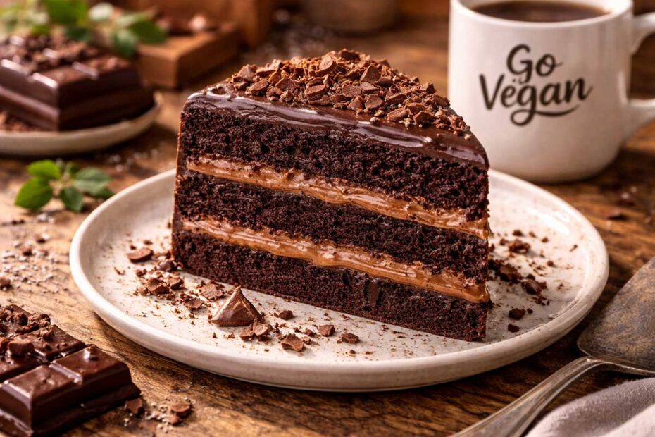 Close-up de uma fatia de bolo de chocolate escuro e denso, com várias camadas de recheio cremoso e cobertura brilhante, decorado com raspas de chocolate. Mesa decorada com pedaços de chocolates e uma xícara escrito "Go Vegan"
