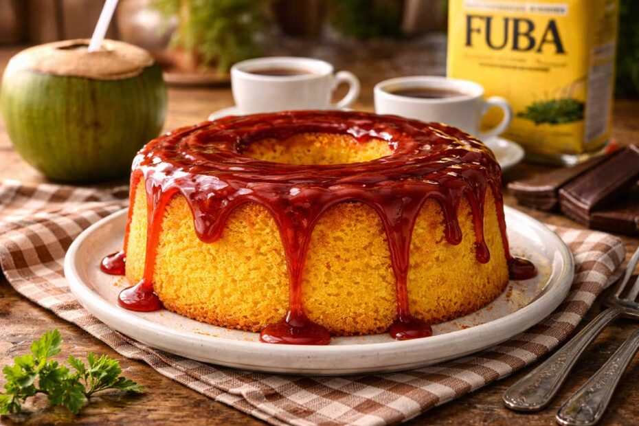 Bolo de fubá com calda de goiabada vermelha brilhante escorrendo, em uma mesa rústica de madeira com toalha xadrez, um coco verde com canudinho, xícaras de café e pacote de fubá mimoso ao fundo sob luz natural.