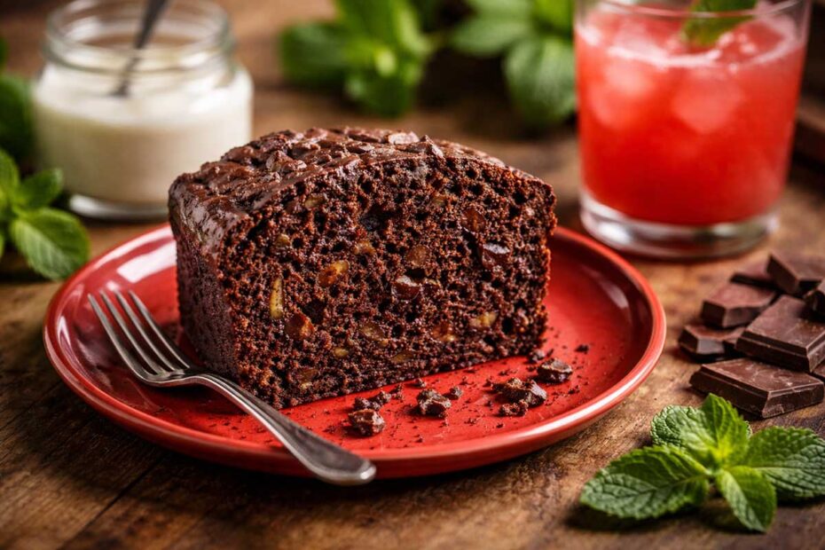 Fatia generosa de bolo de chocolate com abobrinha revelando um miolo úmido, escuro e com pontos de mosaico de chocolate derretido. Servida em prato de porcelana vermelho para contraste cromático. Na mesa de madeira rústica, um copo de suco de melancia com gelo, um pote de iogurte integral aberto com uma colher de prata e um tablete de chocolate meio amargo quebrado em lascas naturais ao lado de ramos de hortelã fresca.