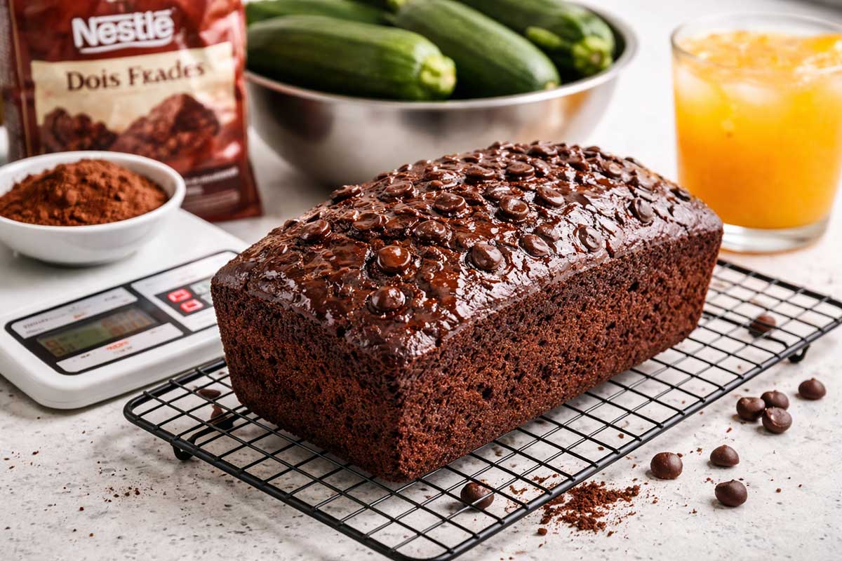 Bolo de chocolate com abobrinha inteiro, assado em forma de pão de altura imponente, exibindo um brilho espelhado na crosta e gotas de chocolate Callebaut incrustadas. O bolo repousa sobre uma grade de resfriamento em uma bancada de quartzo branco. Ao lado, uma balança digital SF-400 com cacau Nestlé Dois Frades salpicado, um bowl de inox com abobrinhas frescas ao fundo e um copo de suco de laranja natural com gotas de condensação vibrantes.