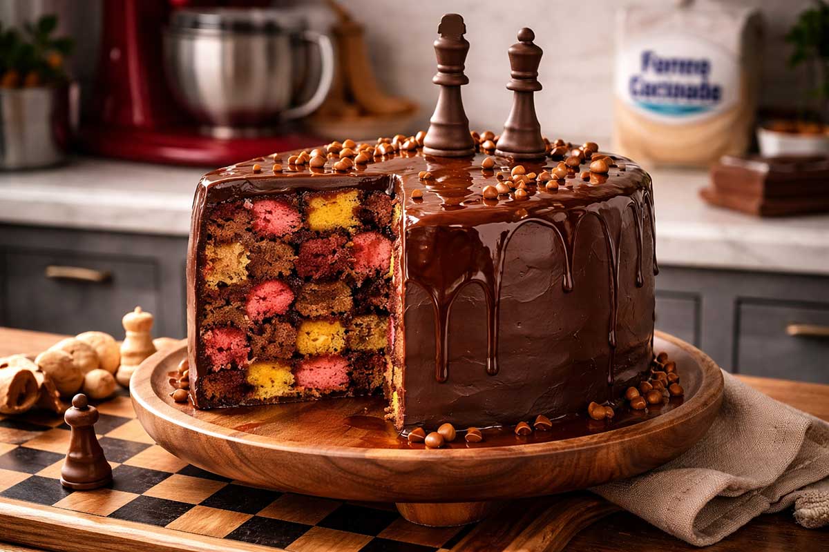 Bolo Xadrez de Chocolate com uma fatia removida revelando o padrão geométrico interno em tons de rosa, amarelo e marrom. O bolo tem cobertura espelhada de ganache escorrendo pelas laterais, decorado com gotas de caramelo e duas peças de xadrez de chocolate no topo. Está sobre um suporte de madeira circular em uma mesa que simula um tabuleiro de xadrez, cercado por nozes, um pano de linho rústico e peças de xadrez de madeira. Ao fundo, uma batedeira planetária vermelha, barras de chocolate e um pacote de farinha Dona Benta.
