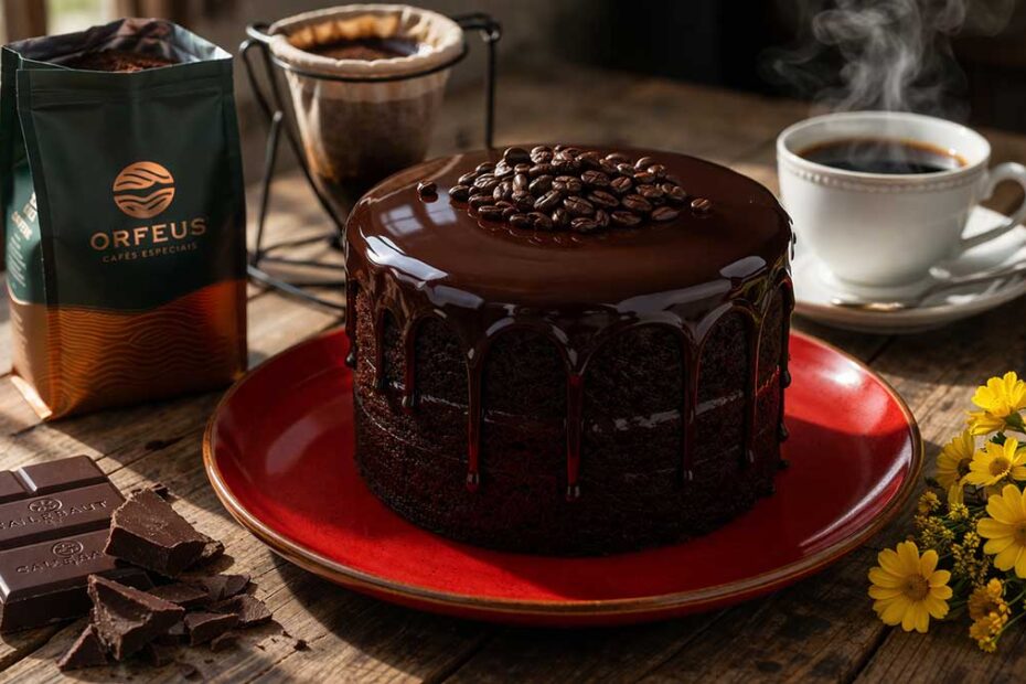 Bolo de chocolate com café inteiro, alto e imponente, com cobertura de ganache de brilho espelhado e grãos de café decorativos, servido em um prato de cerâmica vermelho vibrante. Sobre a mesa de madeira rústica, destaca-se um pacote de café Orfeus Cafés Especiais aberto, um coador de pano tradicional em suporte de ferro, uma xícara de porcelana branca com café fumegante e um tablete de chocolate meio amargo Callebaut quebrado em lascas grossas ao lado de flores amarelas do campo.