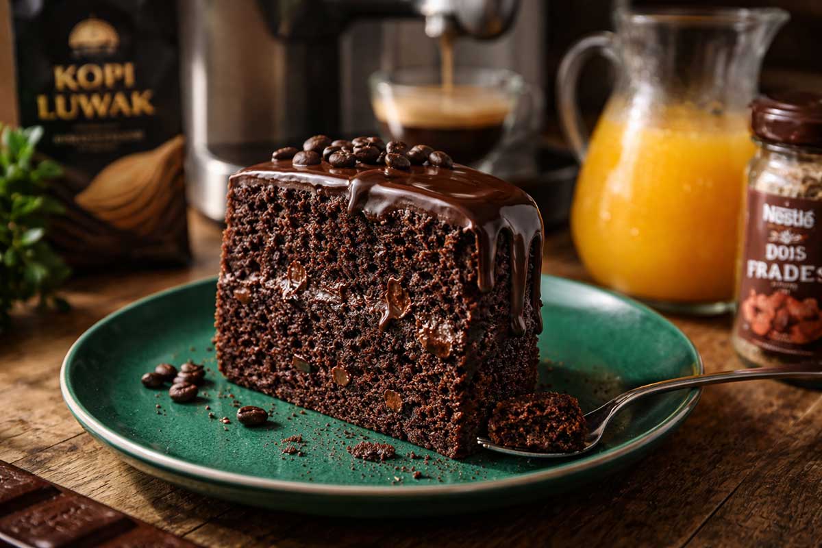 Fatia generosa de bolo de chocolate com café revelando um miolo úmido com pontos de mosaico de chocolate derretido, servida em um prato de porcelana verde esmeralda para contraste cromático. Ao fundo, uma máquina de café expresso moderna em aço inox extraindo um café com crema espesso, um pacote de café Kopi Luwak, uma jarra de suco de laranja natural com gotas de condensação e um pote de vidro com cacau Nestlé Dois Frades.