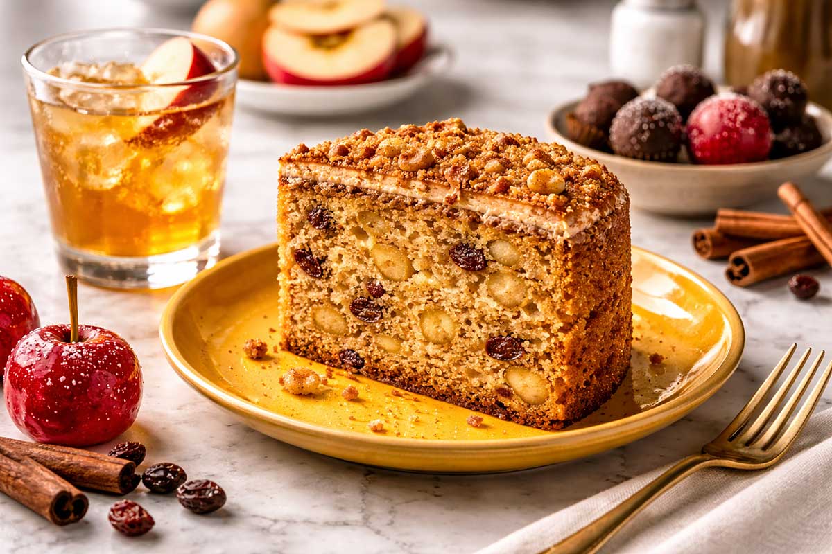 Uma fatia generosa de bolo de maçã servida em um prato de cerâmica amarelo vibrante sobre uma mesa moderna de mármore branco em cozinha profissional. A fatia revela um miolo acetinado e fofinho com uvas passas e cubos de maçã em suspensão perfeita. Ao redor estão dispostas taças com suco de maçã gelado, bombons trufados, pedaços de canela em pau e mini docinhos de maçã do amor. A iluminação lateral destaca a umidade residual da massa e o contraste cromático entre o amarelo do prato e o mármore ativa as glândulas salivares.