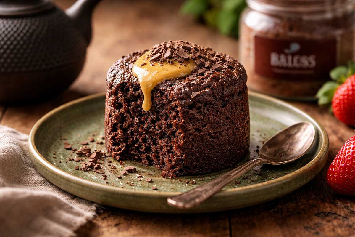 Um bolo de chocolate de caneca low carb desenformado em um prato de cerâmica artesanal verde musgo, revelando a textura interna aerada e suculenta da massa. No topo, uma pequena colherada de manteiga de amêndoas derretida. A mesa de madeira rústica está posta com um bule de chá de ferro fundido, uma jarra de suco de laranja natural com gotas de condensação no vidro e um pote de vidro contendo Cacau em Pó Nestlé Dois Frades. A luz lateral suave destaca a umidade residual da massa de amêndoas e o contraste entre o marrom profundo do chocolate e o verde do prato.
