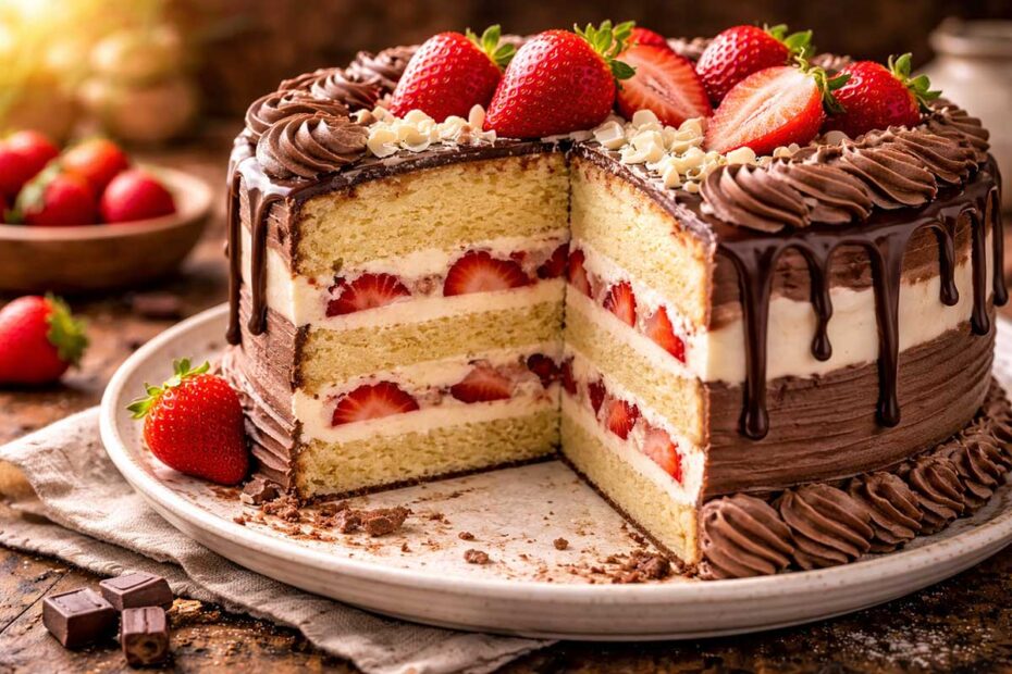 Bolo de aniversário com camadas de creme belga e morangos frescos, decorado com chantilly de chocolate e morangos inteiros no topo.