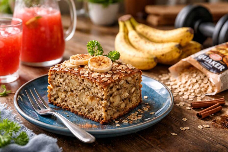 Fatia generosa de bolo de banana fit servida em prato de cerâmica azul, revelando textura interna macia e pedaços de fruta. Ao fundo, mesa rústica com bananas maduras, pacote de aveia Quaker, canela em pau, suco de frutas vermelho e um halter de academia, em iluminação natural de manhã.