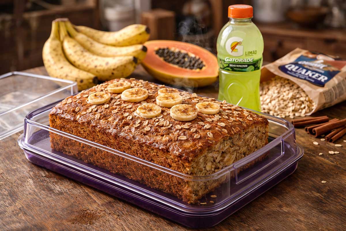 Bolo de banana fit inteiro em formato retangular, decorado com rodelas de banana e aveia em flocos, acondicionado em um porta-bolo de vidro transparente. Ao fundo, mesa rústica com bananas maduras, meio mamão papaia, uma garrafa de Gatorade de limão e um pacote de aveia Quaker em uma cozinha iluminada.