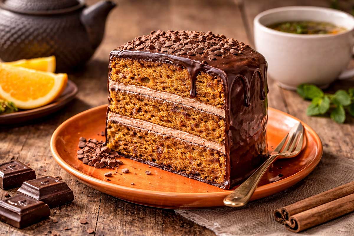 Uma fatia generosa de bolo de cenoura integral servida em um prato de ceramica laranja vibrante sobre uma mesa rustica de madeira de fazenda. A fatia revela um miolo umido e aerado com granulometria fina de aveia e cobertura densa de chocolate 70 por cento cacau escorrendo pelas laterais. Ao redor estao um bule de cha de ferro fumegante, uma xicara de porcelana com cha de hortela, pequenos bombons de chocolate amargo, fatias de laranja bahia e um ramo de canela. A iluminacao natural destaca a textura acetinada da massa integral e o contraste cromatico com o ambiente acolhedor.