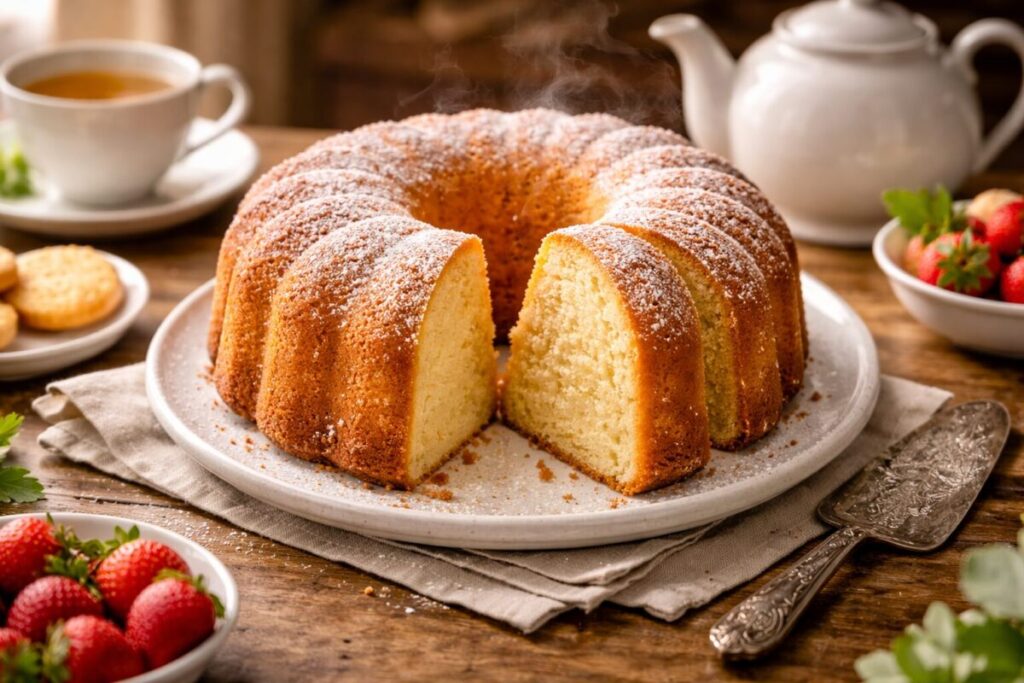 Bolo simples dourado em forma de furo central sobre mesa de madeira, fatiado revelando miolo fofinho e aerado, iluminação natural de janela. Mesa decorada para o chá das 5.