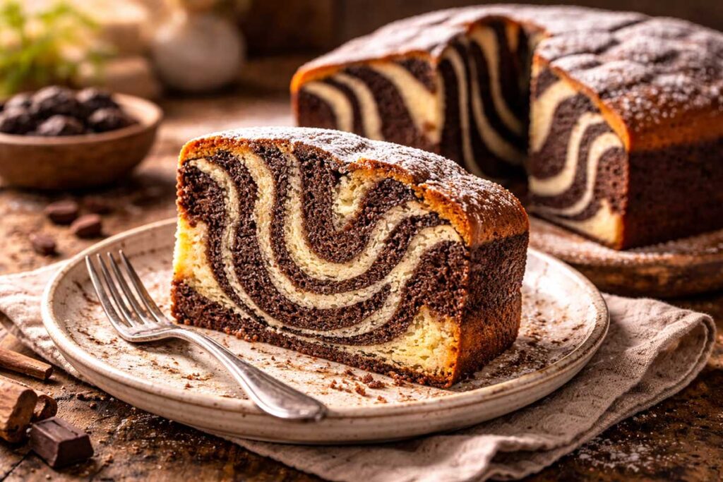 Fatias de bolo mármore listrado (zebra) em prato de cerâmica, mostrando massa fofinha de baunilha e chocolate com luz natural.