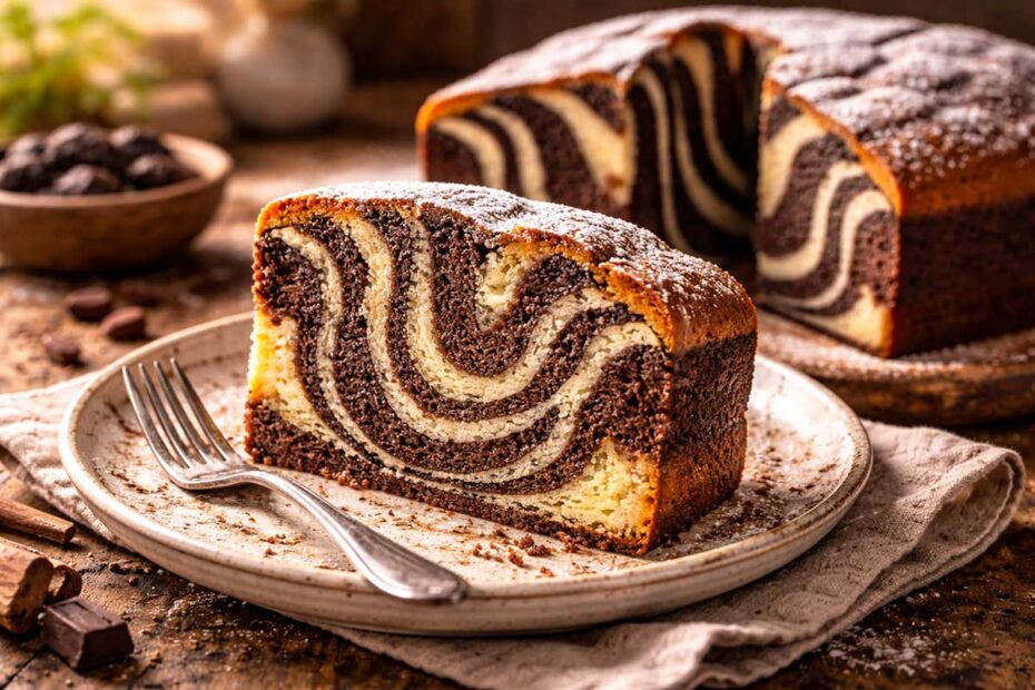 Fatias de bolo mármore listrado (zebra) em prato de cerâmica, mostrando massa fofinha de baunilha e chocolate com luz natural.