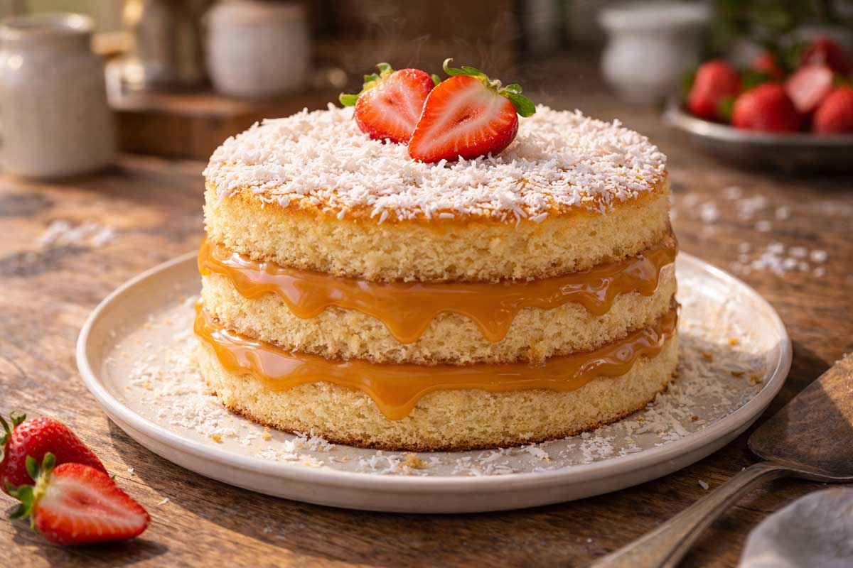 Close de bolo bem casado inteiro mostrando três camadas de massa clara e duas camadas generosas de mousse de doce de leite, decorado com coco e morango.