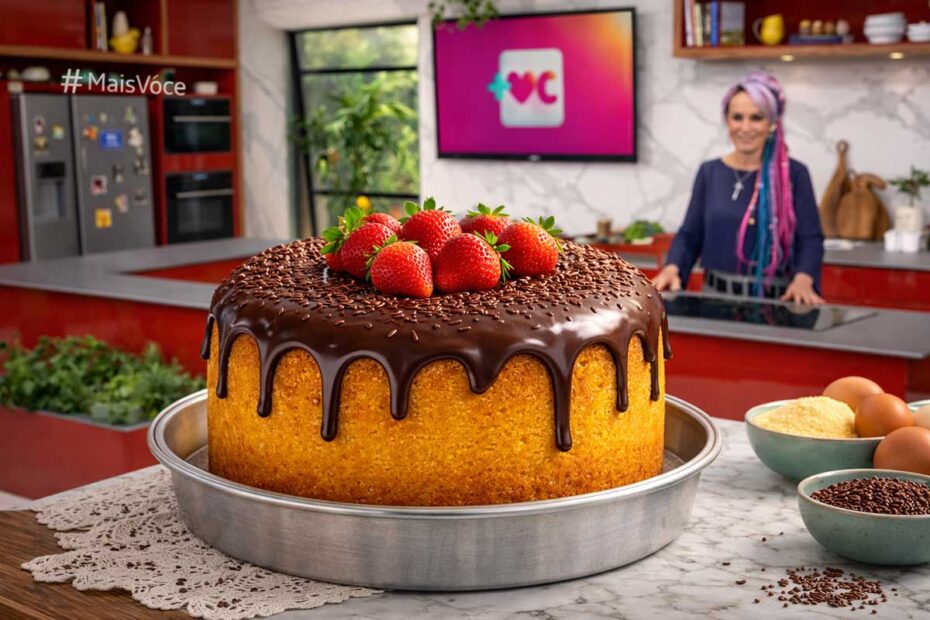 Bolo de cenoura com fubá alto e dourado, finalizado com cobertura de chocolate brilhante e morangos frescos, apresentado em uma forma de alumínio sobre mesa de mármore e toalha de renda. Ao fundo, um cenário de cozinha profissional que remete ao programa Mais Você da Rede Globo, com a apresentadora Ana Maria Braga sorridente, evidenciando uma atmosfera acolhedora e de autoridade gastronômica.