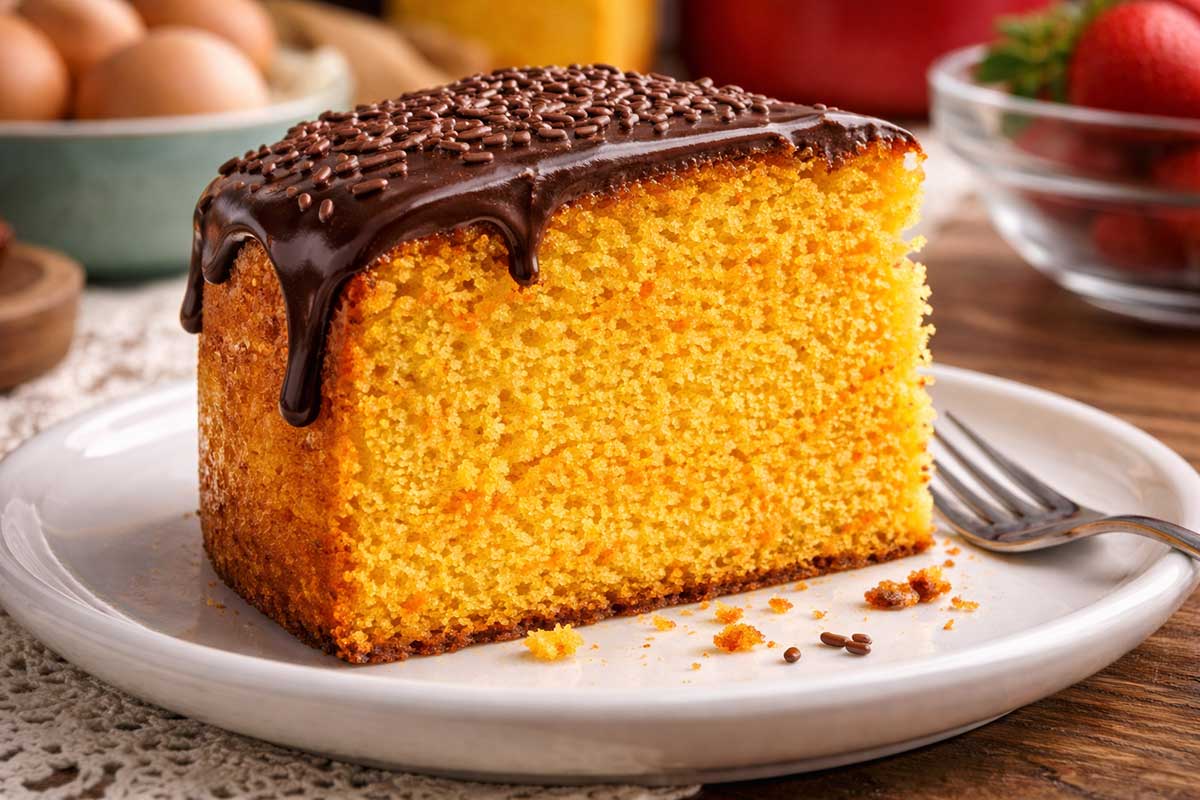 Close-up de uma fatia generosa do Bolo de Cenoura Ana Maria Braga com fubá, destacando a alveolagem perfeita e a textura fofinha da massa alaranjada. A cobertura de chocolate espessa escorre lateralmente, decorada com granulados premium. Ao fundo, em desfoque suave, veem-se morangos frescos e ovos Mantiqueira sobre uma mesa de madeira rústica com toalha de renda branca.