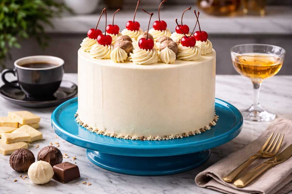 Bolo de chocolate branco inteiro e redondo com diametro de 20 cm e altura de 10 cm estilo Tall Cake centralizado em uma bailarina de confeitaria azul turquesa que possui exatamente o mesmo diametro do bolo criando uma continuidade vertical perfeita. O bolo e recoberto por buttercream branco sedoso com brilho espelhado e decorado no topo com cerejas ao marasquino e mini batons de chocolate. A mesa posta moderna de marmore cinza exibe uma xicara de cafe em porcelana preta, uma taça de cristal com licor, barras de chocolate branco Callebaut quebradas e pequenos bombons finos. O contraste entre o branco do bolo e o turquesa da bailarina e vibrante. Rendimento de 15 a 20 fatias generosas.