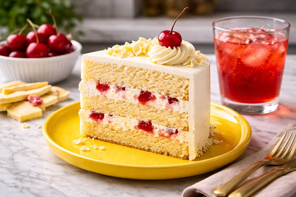 Fatia generosa de bolo de chocolate branco com cereja disposta em um prato de sobremesa amarelo vibrante em uma cozinha profissional de design minimalista. A fatia revela o interior com massa de pao de lo aerada umedecida e camadas de buttercream com pedacos de cereja ao marasquino. Ao lado do prato ha um copo de suco de frutas vermelhas com gotas de condensação, uma pequena travessa com cerejas frescas e lascas de chocolate branco coloridas com manteiga de cacau. A iluminacao lateral destaca a textura aveludada do recheio e a massa fofinha.