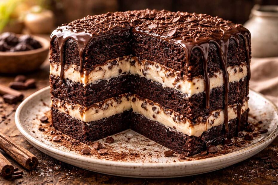 Fatia generosa de bolo cremoso de chocolate com duas camadas de massa escura e recheio branco de cream cheese com flocos crocantes, coberto com calda de chocolate e polvilhado com Ovomaltine.