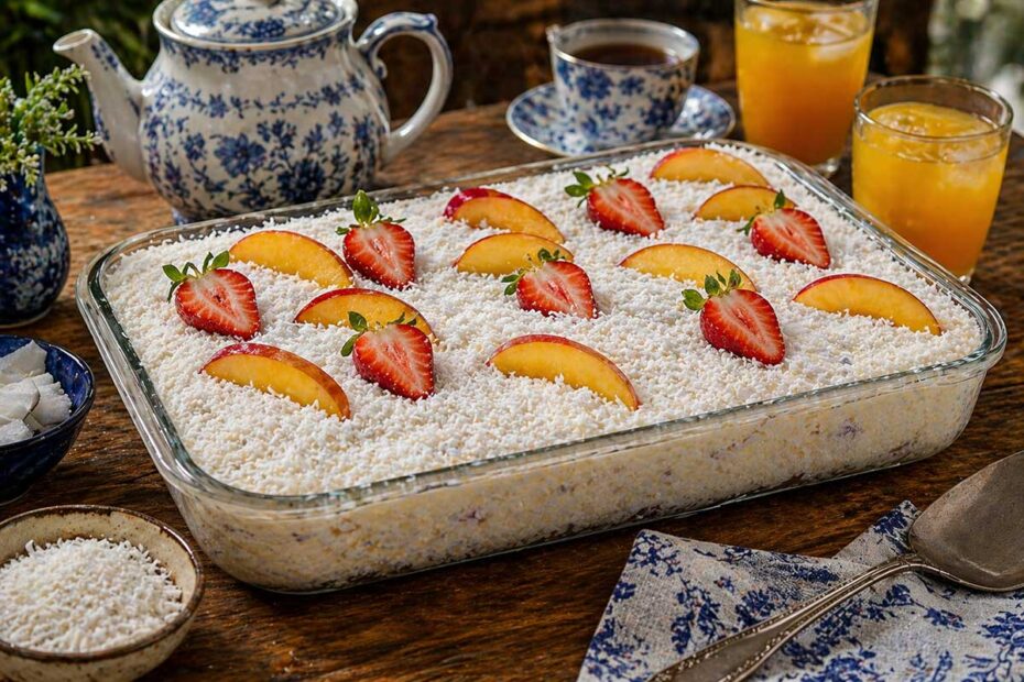 Bolo Gelado de Frutas com Coco inteiro apresentado em formato retangular em uma mesa de fazenda rustica. A forma possui 30 cm de comprimento por 20 cm de largura e 5 cm de altura com capacidade de 3 litros. O bolo esta generosamente coberto com coco ralado branco e decorado com morangos vermelhos brilhantes e fatias de nectarina. Ao redor ha um bule de cha de porcelana azul e branca copos de suco de laranja bem colorido e pequenas tacinhas com coco fresco. O contraste entre o branco do coco e as frutas coloridas ativa o apetite.