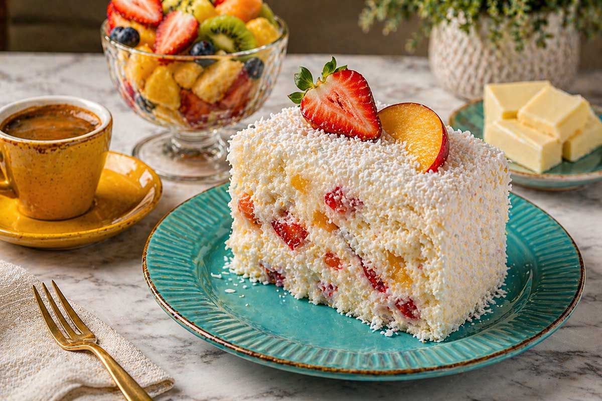 Fatia generosa de Bolo Gelado de Frutas com Coco servida em prato de ceramica turquesa vibrante em uma mesa moderna de marmore branco. A fatia mostra o miolo umido com pedacos visiveis de frutas vermelhas e creme acetinado. Ao lado ha uma xicara de cafe expresso com pires amarelo uma taça com salada de frutas colorida e pequenas barras de chocolate branco. A iluminacao lateral destaca a textura aveludada do creme e o brilho das frutas frescas picadas criando um contraste cromatico irresistivel.