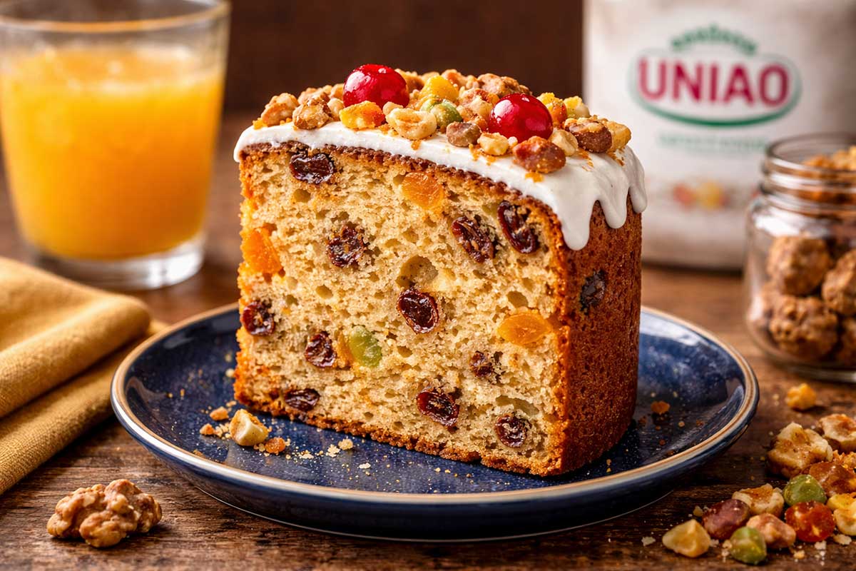 Fatia generosa de Bolo Panetone Vegano em um prato de porcelana azul marinho, revelando o interior dourado e aerado repleto de passas e frutas cristalizadas em suspensão. Ao fundo, um copo de suco de laranja natural com gotas de condensação, um guardanapo de linho mostarda, um pote de Vidro com Nozes inteiras e a embalagem clássica do Açúcar União. 📑