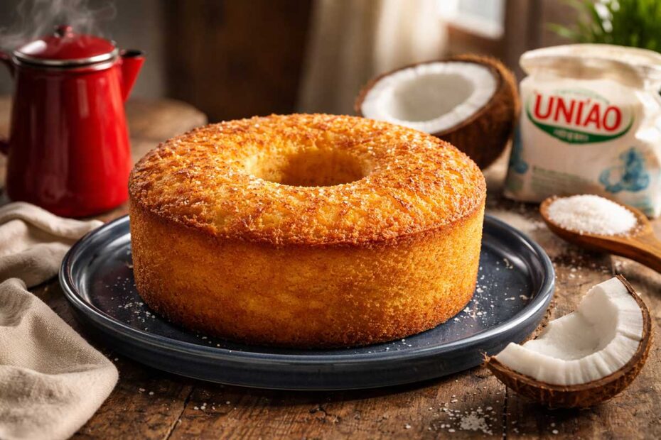 Bolo sem farinha de coco alto e dourado, assado em forma redonda de furo central, servido em um prato de cerâmica azul marinho sobre uma mesa de madeira rústica de fazenda. Ao redor, um bule de café esmaltado vermelho com fumaça subindo, metades de coco fresco com polpa branca exposta e o pacote icônico de Açúcar União aberto ao lado de uma colher de pau. A luz natural lateral destaca a crocância da superfície e a umidade residual da massa.