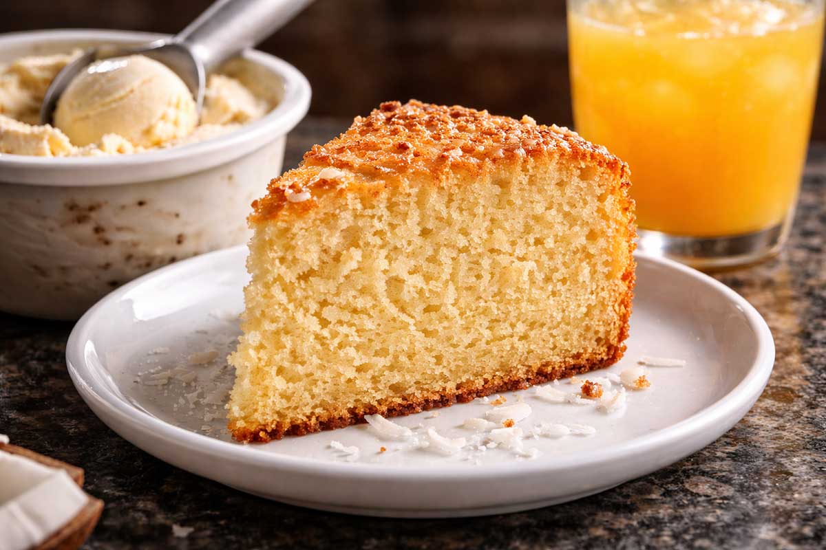 Close-up em 45 graus de uma fatia generosa de bolo de coco sem farinha, revelando um miolo aerado e úmido com brilho de umidade residual. A fatia repousa em um prato de porcelana branca moderna sobre bancada de granito escuro. Ao lado, um pote de sorvete premium de baunilha com uma colherada perfeita saindo, mostrando a cremosidade molecular, e um copo de suco de laranja natural com gotas de condensação.