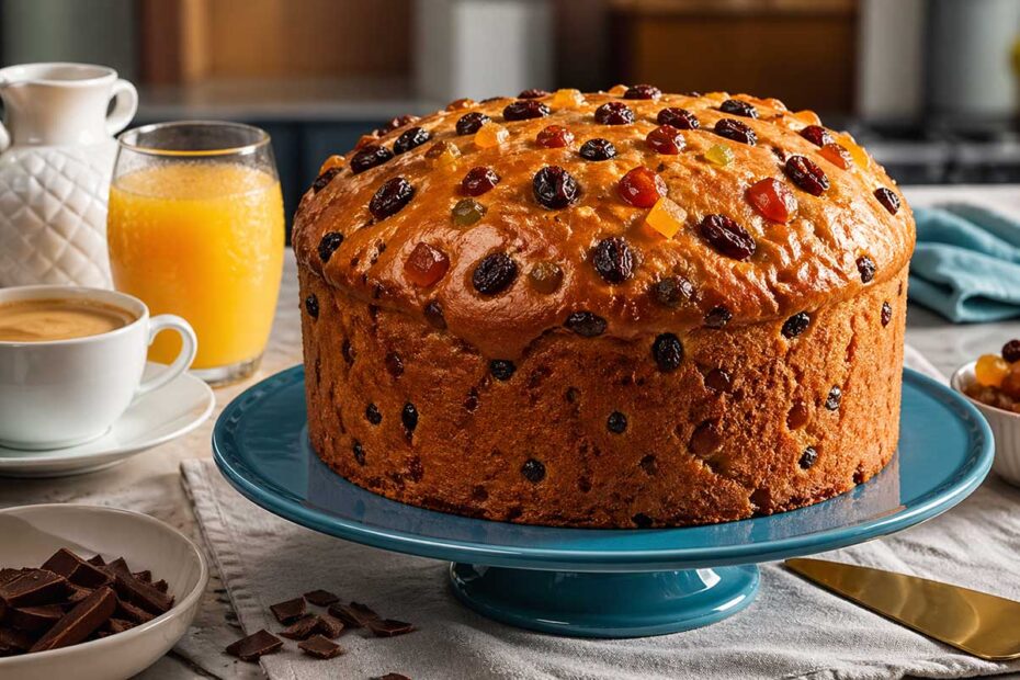 Foto de um Bolotone inteiro em formato Tall Cake redondo com 20 cm de diâmetro e 10 cm de altura, posicionado sobre uma bailarina de confeitaria em tom azul turquesa vibrante que contrasta com a massa dourada. O bolo apresenta uma crosta brilhante decorada com frutas cristalizadas e uvas passas cintilantes. A cena segue a Regra da Mesa Posta em uma cozinha moderna, exibindo ao fundo uma xícara de café com crema espesso em porcelana branca, um copo de suco de laranja natural com gotas de condensação e tabletes de chocolate Callebaut em lascas sobre a mesa.