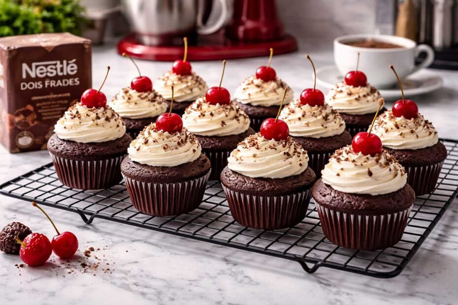 Doze cupcakes de chocolate inteiros organizados em uma grade de resfriamento preta sobre uma bancada de mármore branco em uma cozinha profissional. Ao lado, um pacote de Chocolate em Pó Nestlé Dois Frades aberto, uma batedeira planetária KitchenAid vermelha ao fundo e uma xícara de café fumegante. O chantilly no topo dos bolinhos é firme, decorado com uma cereja brilhante com talo.
